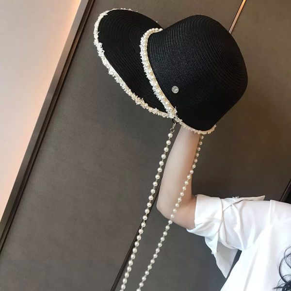 

tassel woolen edge straw duck tongue straw hat fashion small fragrance pearl chain sun hat seaside holiday sun hat, Black;white
