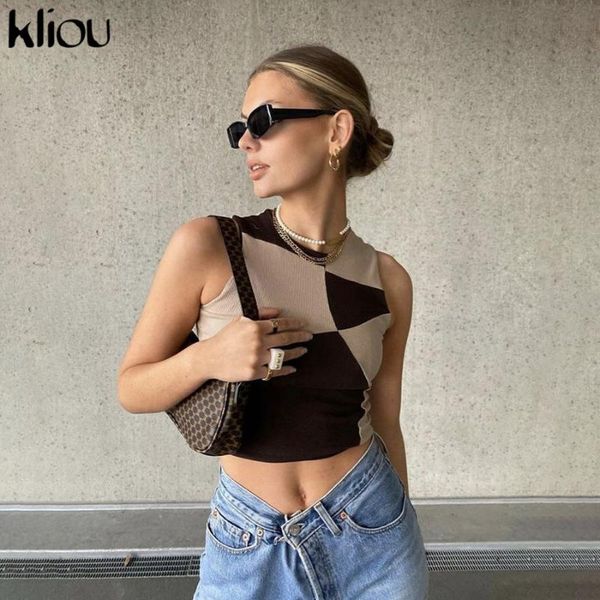

kliou ribbed patchwork tank women 2021 o-neck sleeveless casual street style crop skinny slim basic tanks women's & camis, White