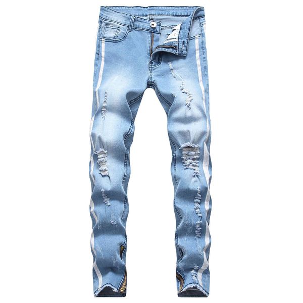 

jean fashion jeans street brand men's personalized print slim leggings badge hole, Blue
