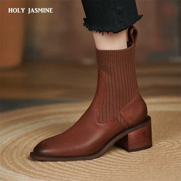 

retro chelsea short boots genuine leather square heels women socks ankle boots dancing party shoes woman platform boots 211103, Black