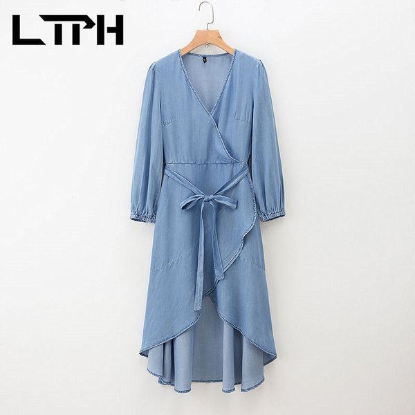 

solid long denim dress women thin v-neck long sleeve irregular high waist ruffles elegant dresses spring autumn 210427, Black;gray