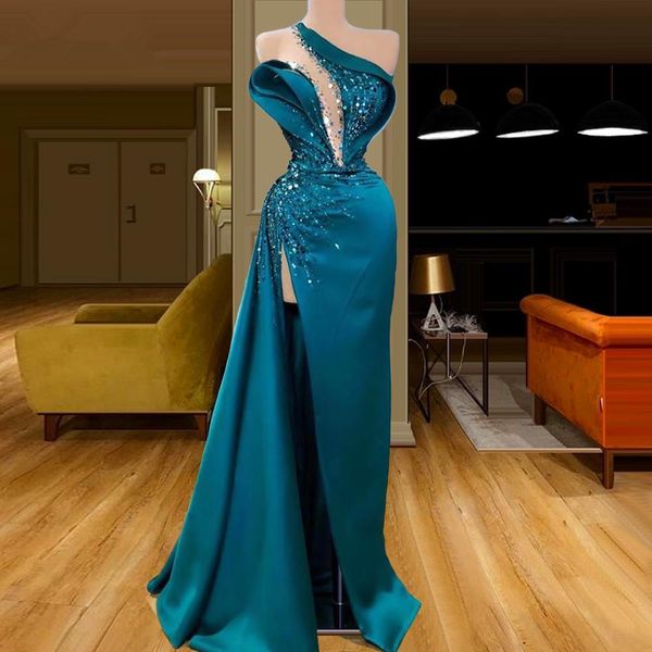 

2021 dubai arabic prom dresses one shoulder beaded sequins evening dresss side split long party night dress vestido de fiesta, Black