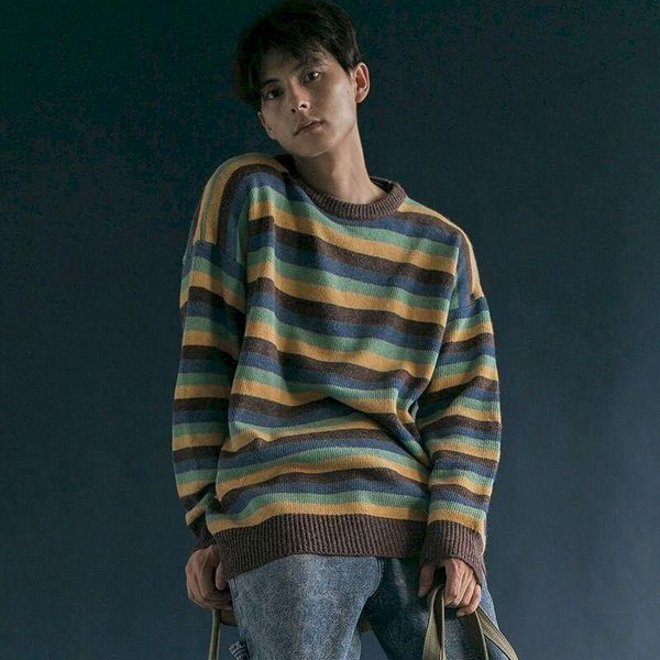 

women's sweaters sweater men yellow oversized striped winter 2021 mens pullover harajuku knitted casual loose clothing, White;black
