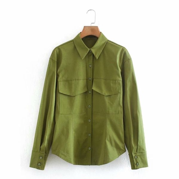 

women casual cotton blouse spring turn down collar cargo shirts loose pockets office lady street wear nx9909 210525, White