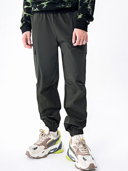 

men flap pocket side buckled cargo pants 17yf#, Black