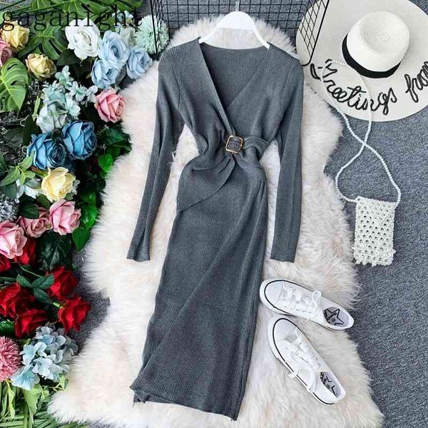 

gaganight autumn winter elegant women dress midi long sleeve v neck sashes bodycon dresses office lady solid party vestidos chic 210519, Black;gray