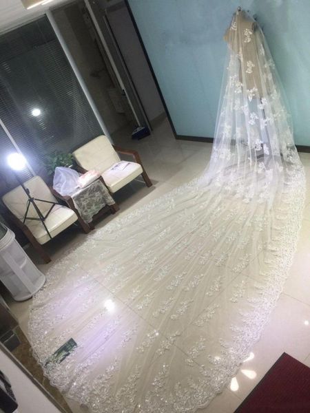 

bridal veils 5meters cathedral length beads crystals with comb long white ivory lace applique wedding, Black