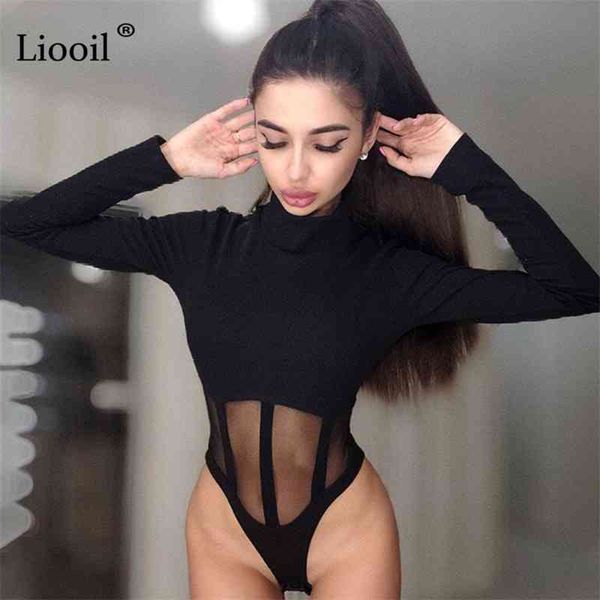 

liooil black white sheer mesh bodysuit for women club outfits long sleeve turtleneck bdycon party jumpsuit club romper 210401