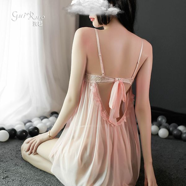 

kawaii lingerie lace perspective gauze temptation lace backless strap nightdress with panty anime babydoll exotic apparel, Black;white