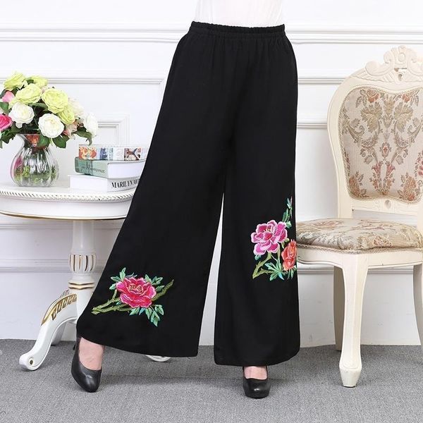 

high waisted wide leg womens pant plus size 4xl black ethnic embroidery ladies trousers casual, Black;white