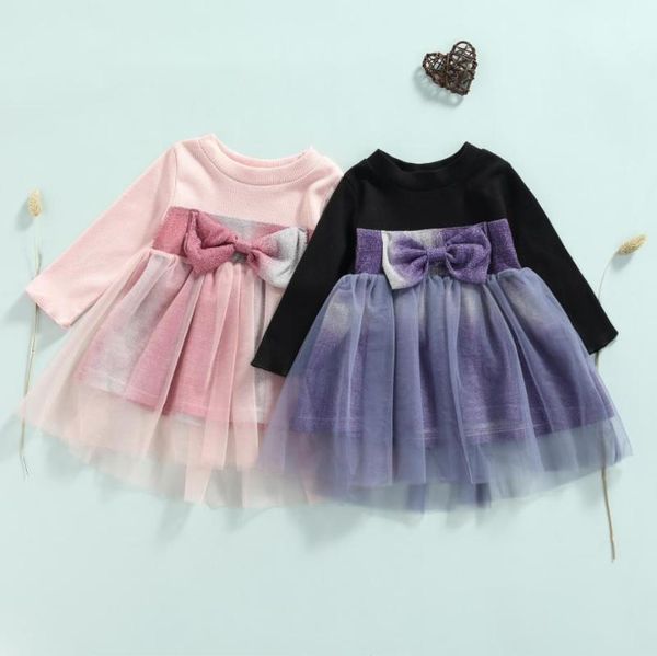 

girl's dresses fall spring kid girls fashion gradient color dress toddler long sleeve mesh patchwork bow princess clothes, Red;yellow