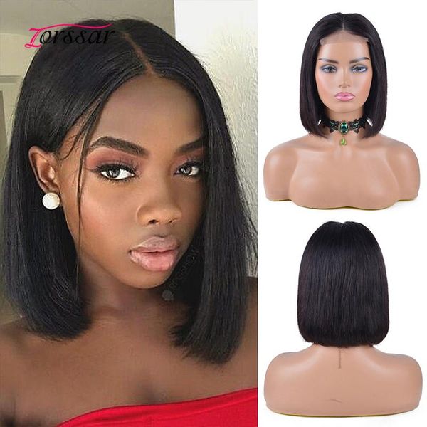 

density 4Ã4 lace closure straight short bob wigs for black women remy human hair 8-16" pre plucked baby natural color, Black;brown