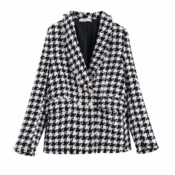 

women's suits & blazers street european and american style jacket double-breasted houndstooth casual blazer, White;black