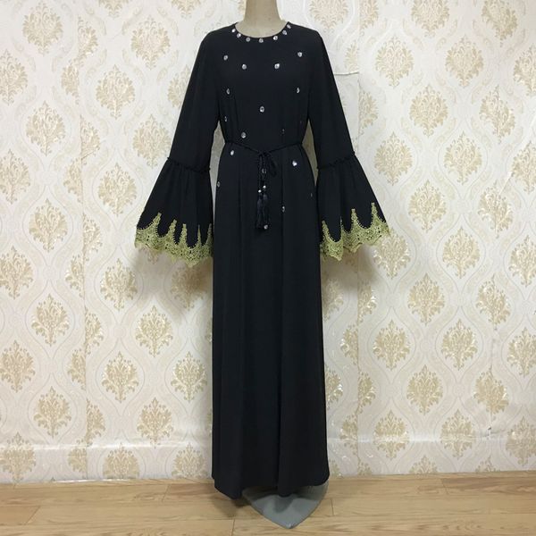 

dubai muslim open abaya dress women diamond outwear loose long robe lace-up turkish islamic clothes trumpet sleeve hijab dresses, Red