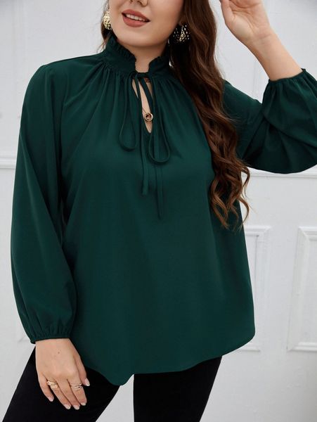 

plus lantern sleeve frill tie neck blouse 21nn#, Black