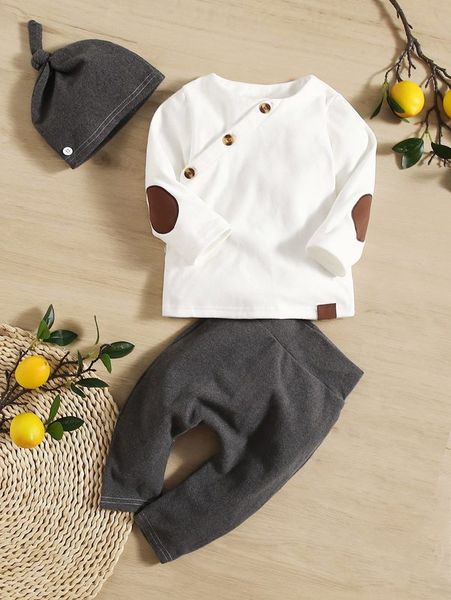 

baby button front color block tee with pants and hat she, White