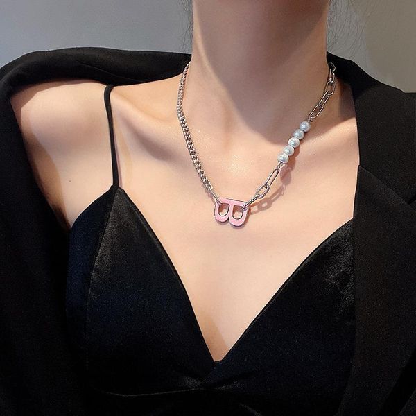 

pendant necklaces mrzmsz 2021 hip hop punk design pearl metal chain stitching letter b necklace for women clavicle lady jewelry gift, Silver