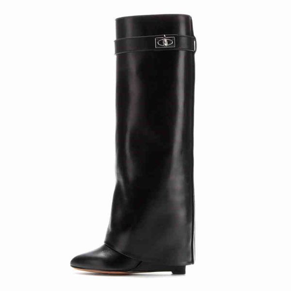 

boots shark lock women wedge black fold over knee high boot female pointed toe riding wedges long botas mujer rzwm