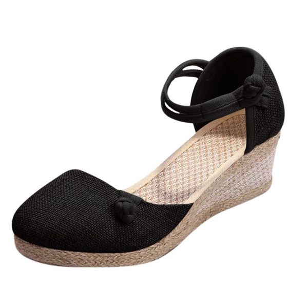 

sandals vintage summer women linen canvas shoes wedges 2021 casual platform ladies solid sandale femme, Black