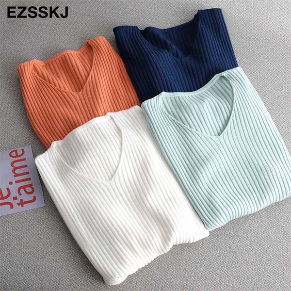 

spring autumn french knit sweater women v-neck basic slim for female 211011, White;black