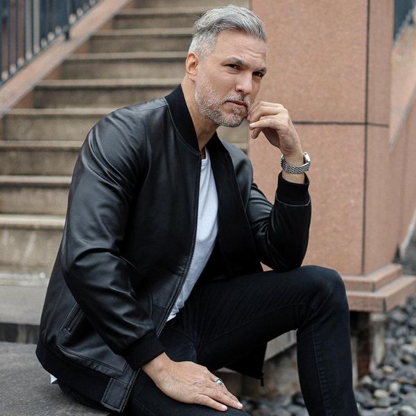 

men's leather & faux minimalist baseball jacket, Black