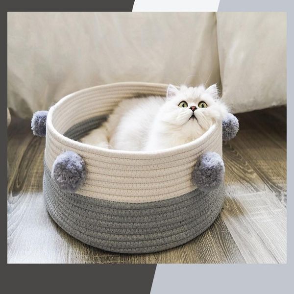 

kennels & pens comfortable breathable cat bed cotton rope woven round basket pet sleeping mat portable mini house nest