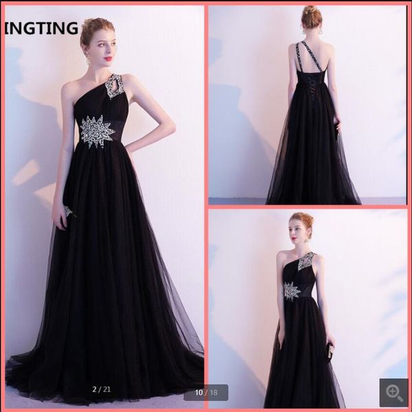 

2021 vestido de festa black tulle a line evening dresses one shoulder strap beaded sequins pleated formal prom dress court train long corset, Black;red