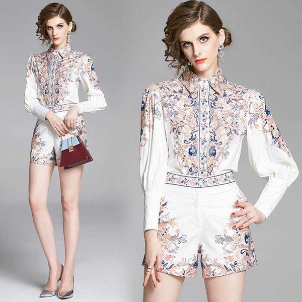 

summer shorts two piece set women vintage flower printed lantern sleeve shirt + short pants 2 pieces sets 210531, White