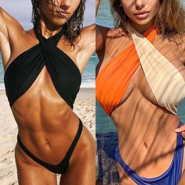 

women's swimwear women front cross cutout swimsuit thong bikini ladies beach backless bathing suit, White;black