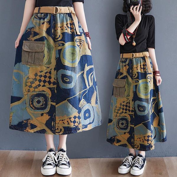 

skirts graffiti printed denim women elastic waist summer autumn loose vintage pocket calf length clothes female wild, Black