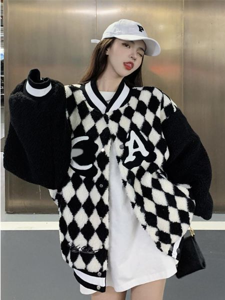 

women's jackets korean coats women lambswool 2021 winter clothes plus velvet baseball uniform splicing loose mid-length all-match woman, Black;brown