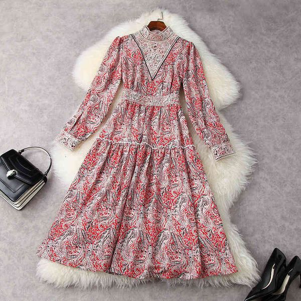 

dresses european and american women's clothing spring 2021 long sleeved embroidery hollowed-out standing collar red print dress 75lx, Black;gray