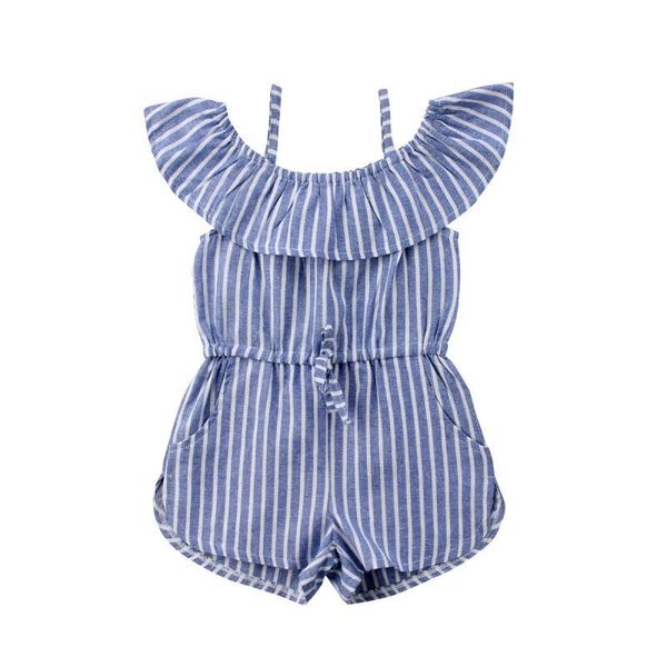 

1-6y born toddler baby girls rompers children kid infant jumpsuit striped off shoulder clothes pocket ruffled overalls outfit jumpsuits, Blue
