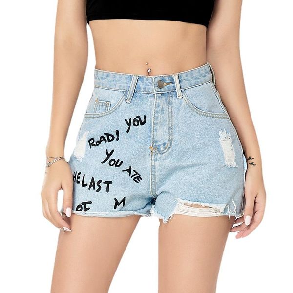 

women's jeans 2021 europe and the united states summer hole show thin letter shorts large, Blue