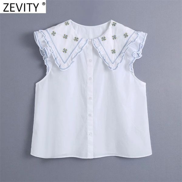 

women sweet embroidery peter pan collar white poplin shirt female sleevelss ruffle blouse roupas chic chemise ls9279 210420