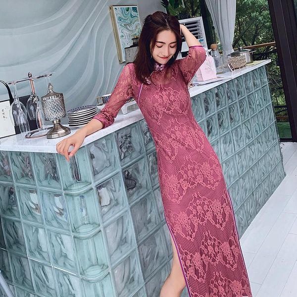 

lace long sleeve cheongsam improved version of young girl dress slim temperament elegant autumn and winter style ethnic clothing, Red