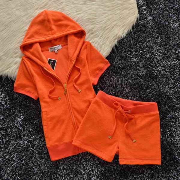 

two piece dress women's summer sweater, short sleeve, shirt and shorts, combined with hood, orange, sky, blue, soft color, kreg, White