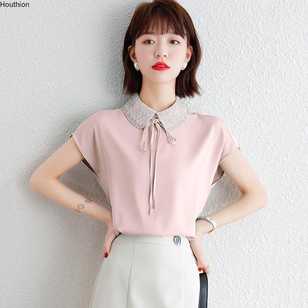 

women's blouses & shirts blouse silk casual fashion summer short sleeve doll collar shirt solid color plus size blusas 10094, White