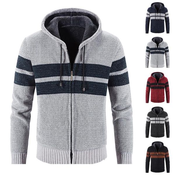 

men's sweaters zipper up fleece winter hoodie plush hoody coat cardigan autumn stripe patchwork hoodies warm jacket hooded track men, White;black