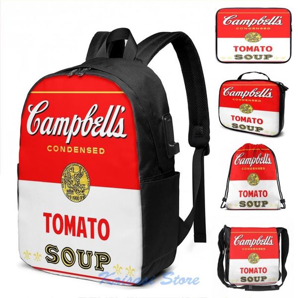 

backpack funny graphic print campbells soup usb charge men school bags women cosmetic bag travel laptop