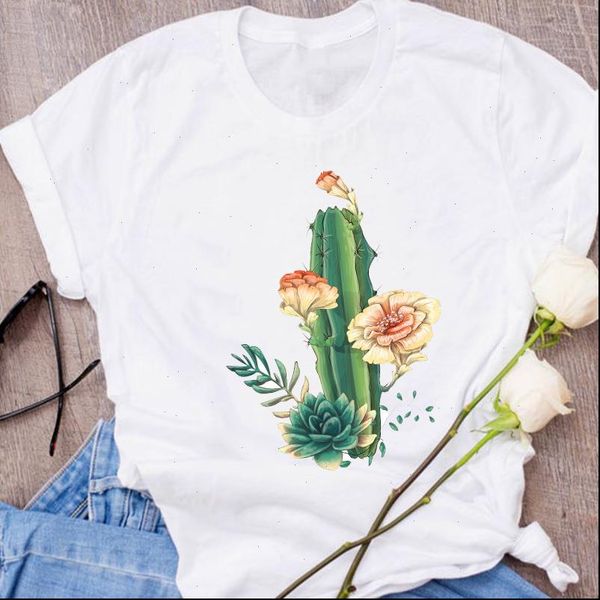

graphic cactus floral fashion women t shirts beach aesthetic 90s clothes clothing tees print female shirt womens, White