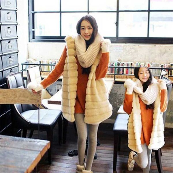 

new imitation fur vest autumn and winter women's hooded long coat artificial korean rabbit 211207, Black