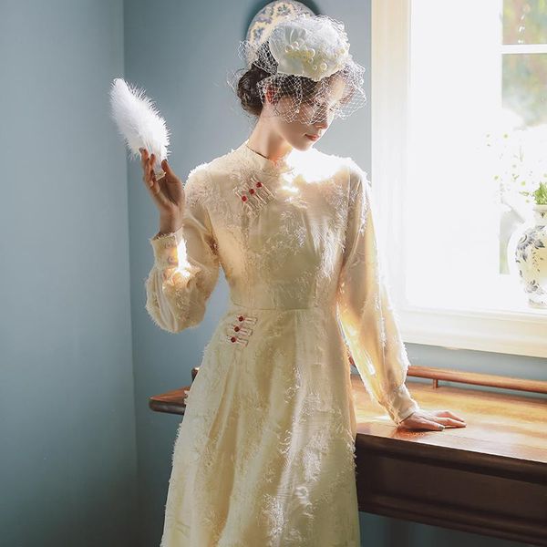 

casual dresses chinese stand collar button jacquard retro apricot dress long sleeve 2021 spring and autumn gentle elegant temperament, Black;gray