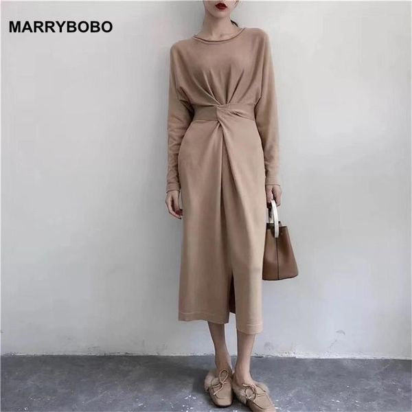 

casual dresses vintage long sleeve split knitted sweaters dress o-neck high waist midi 2021 elegant lady office vestidos, Black;gray