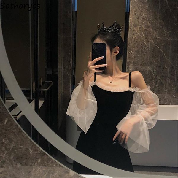 

women long sleeve dress patchwork white gauze mid-calf length female elegant dresses vintage retro spaghetti straps ulzzang casual, Black;gray