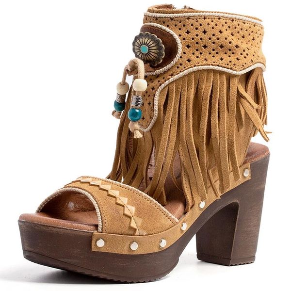 

sandals roman female retro tassel comfort shoes for women open toe high heels pumps platform wedge large size 43, Black