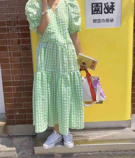 

korean chic sweet fresh v neck puff short sleeve green plaid dress women long loose doll girls vestido de mujer, Black;gray