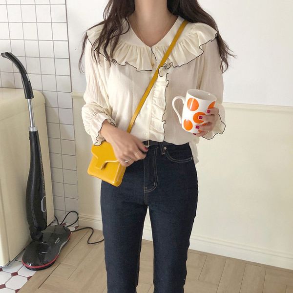 

dress sweet vintage wave color-hit elegant cute chic streetwear cotton linen full-sleeved all match simple shirts, White