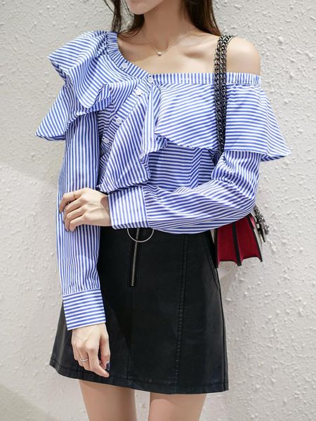

women's blouses & shirts summer ruffle women one shoulder blue stripe blouse female vintage fashion shirt woman 2021 korean style, White