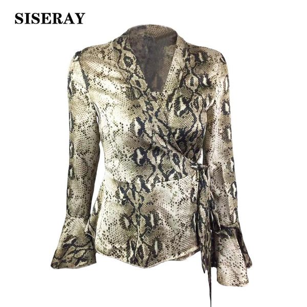 

women's blouses & shirts 2021 vintage animal print sashes blouse tunic ladies v neck bell sleeve snake and female fashion, White